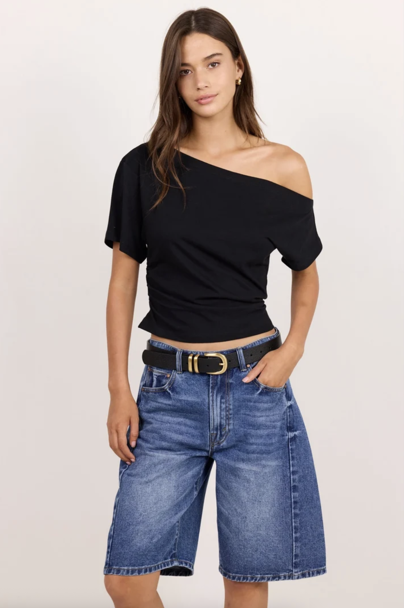 Among The Brave Academy Denim Barrel Knee Length Shorts Deep Blue | Women's Shorts | Gretel Lane