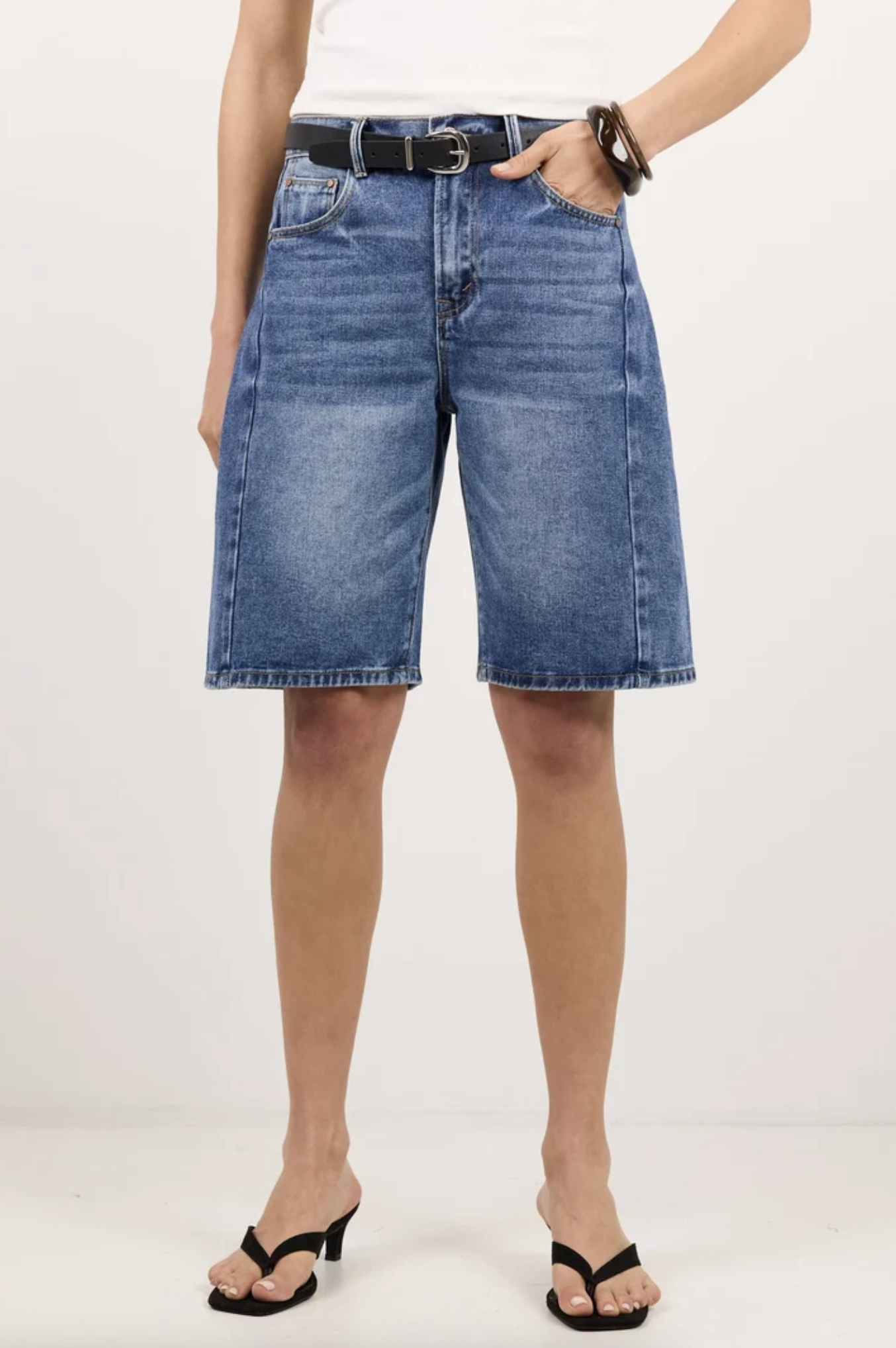 Among The Brave Academy Denim Barrel Knee Length Shorts Deep Blue | Women's Shorts | Gretel Lane
