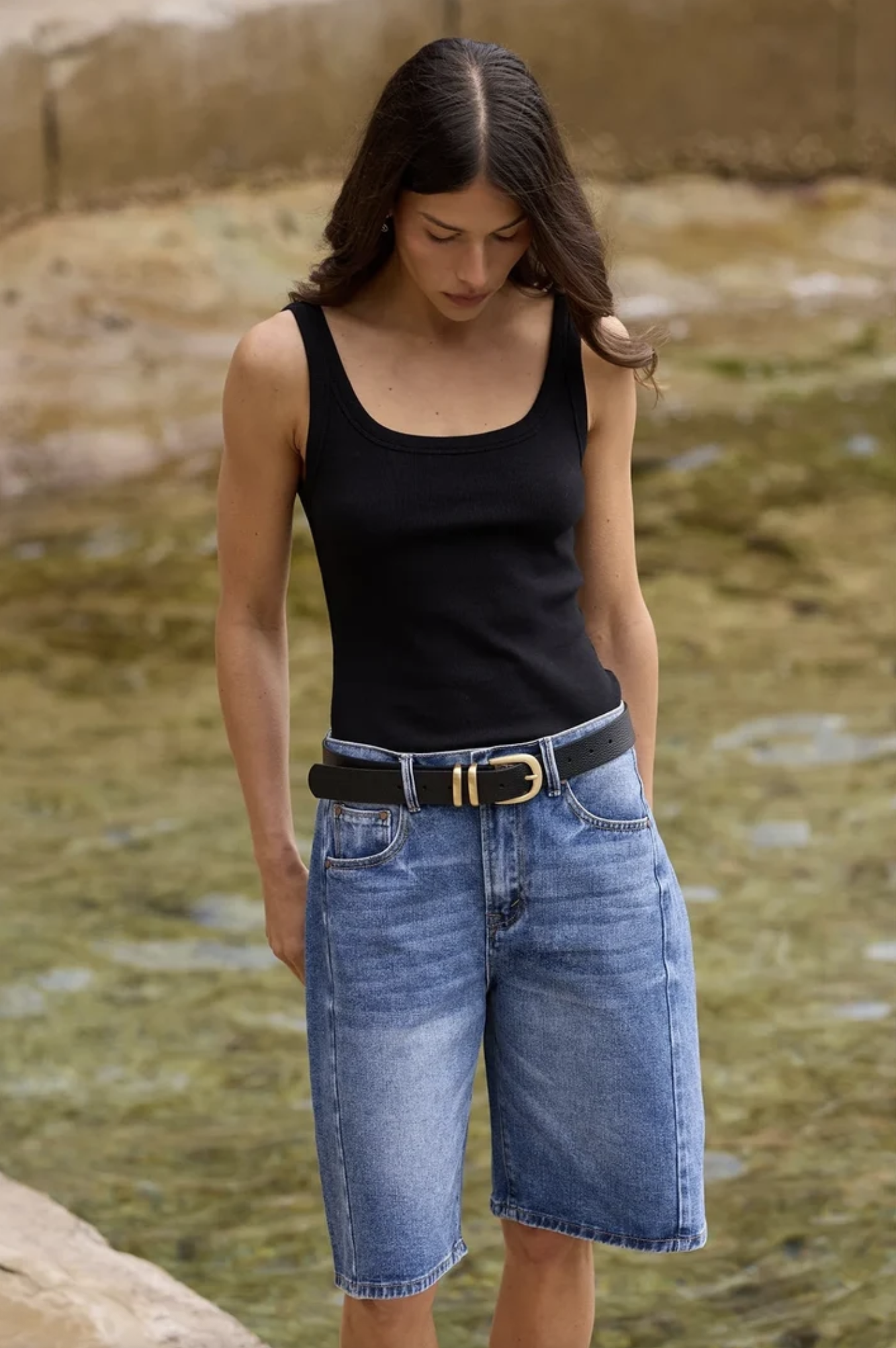 Among The Brave Academy Denim Barrel Knee Length Shorts Deep Blue | Women's Shorts | Gretel Lane