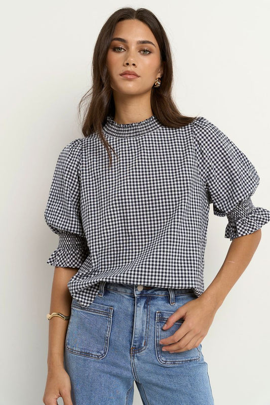 Affection High Neck Top (Navy Gingham)