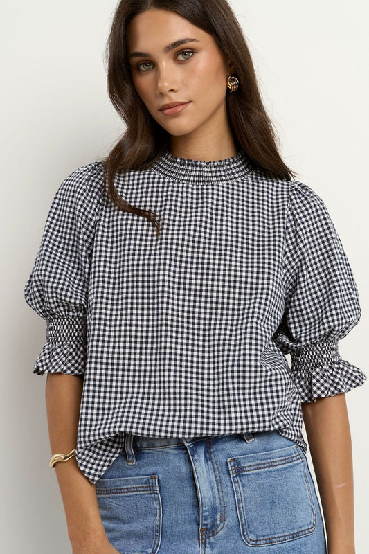 Affection High Neck Top (Navy Gingham)