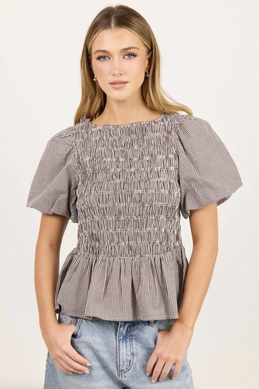 Stories Be Told Artifact Shirred Cotton Bubble Sleeve Top Chocolate Mini Gingham | Women's Clothing | Gretel Lane