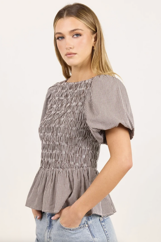 Stories Be Told Artifact Shirred Cotton Bubble Sleeve Top Chocolate Mini Gingham | Women's Clothing | Gretel Lane