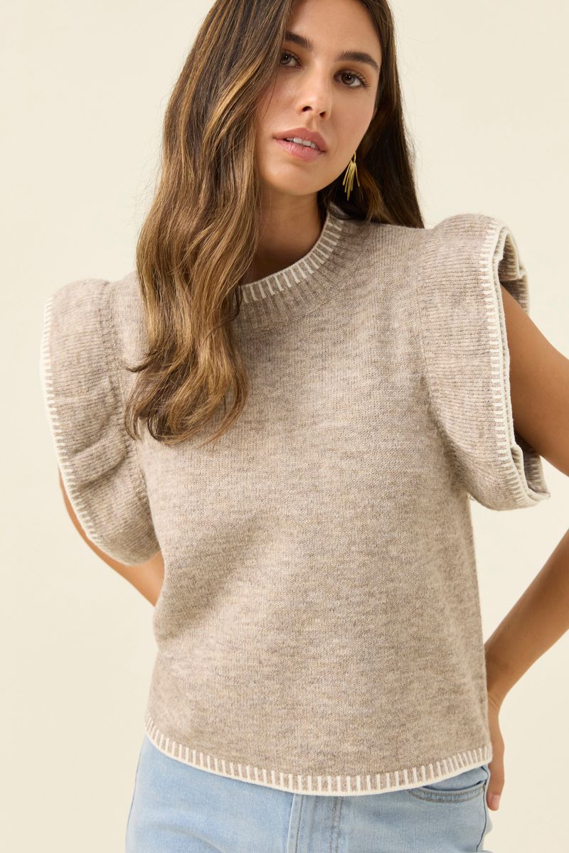 Isle of Mine Women's Athena Frill Sleeve Beige Knit Top | Gretel Lane