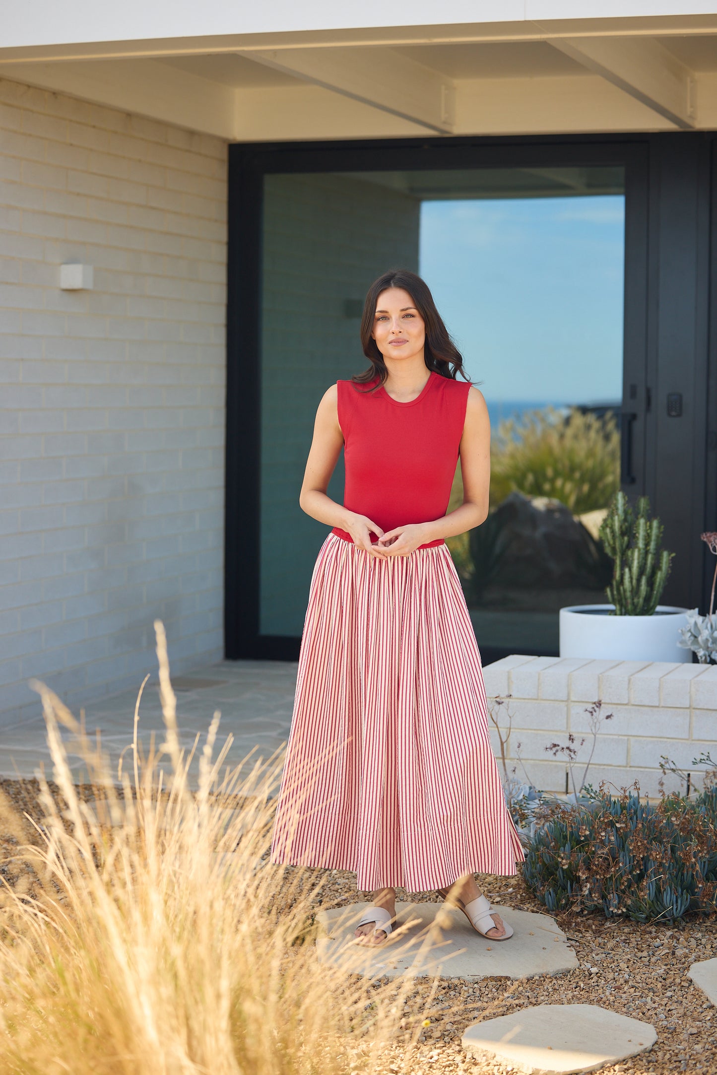 Daphne Dress (White w Red Stripe)