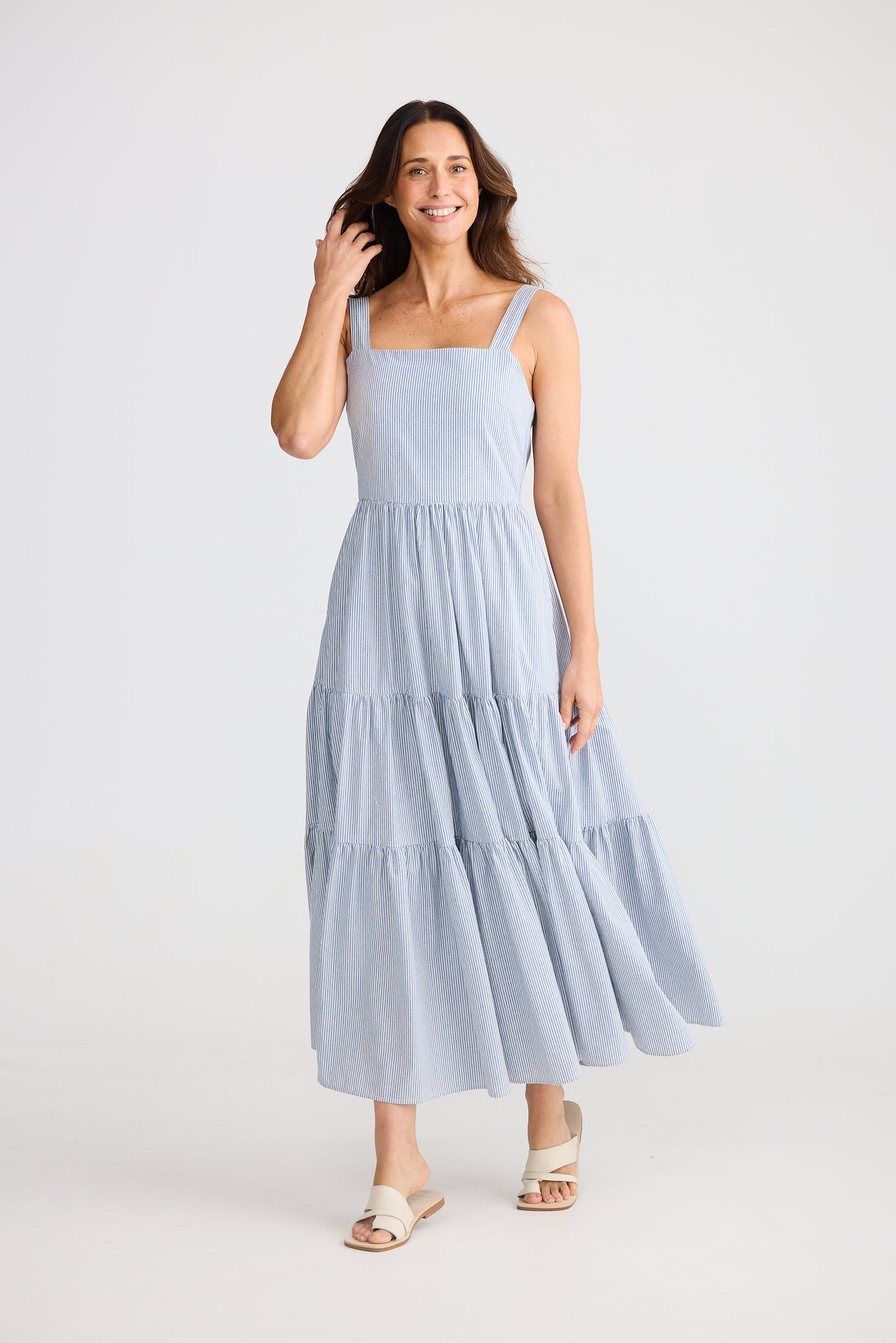 Carmen Dress (Blue Pinstripe)