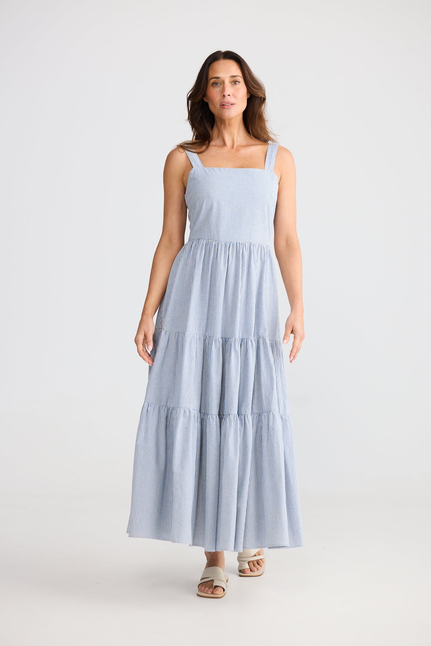 Carmen Dress (Blue Pinstripe)