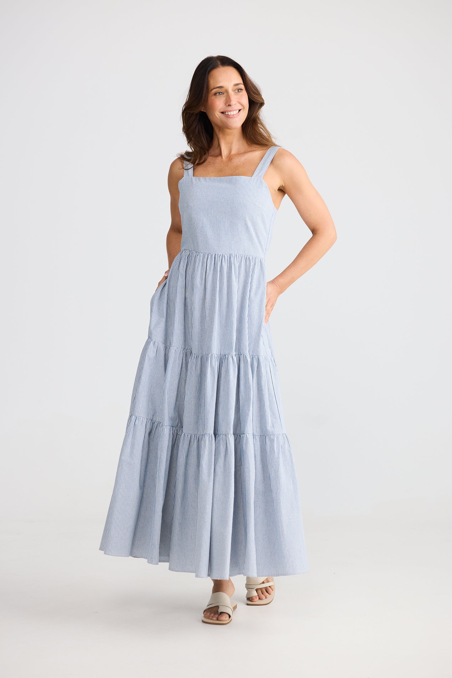 Carmen Dress (Blue Pinstripe)
