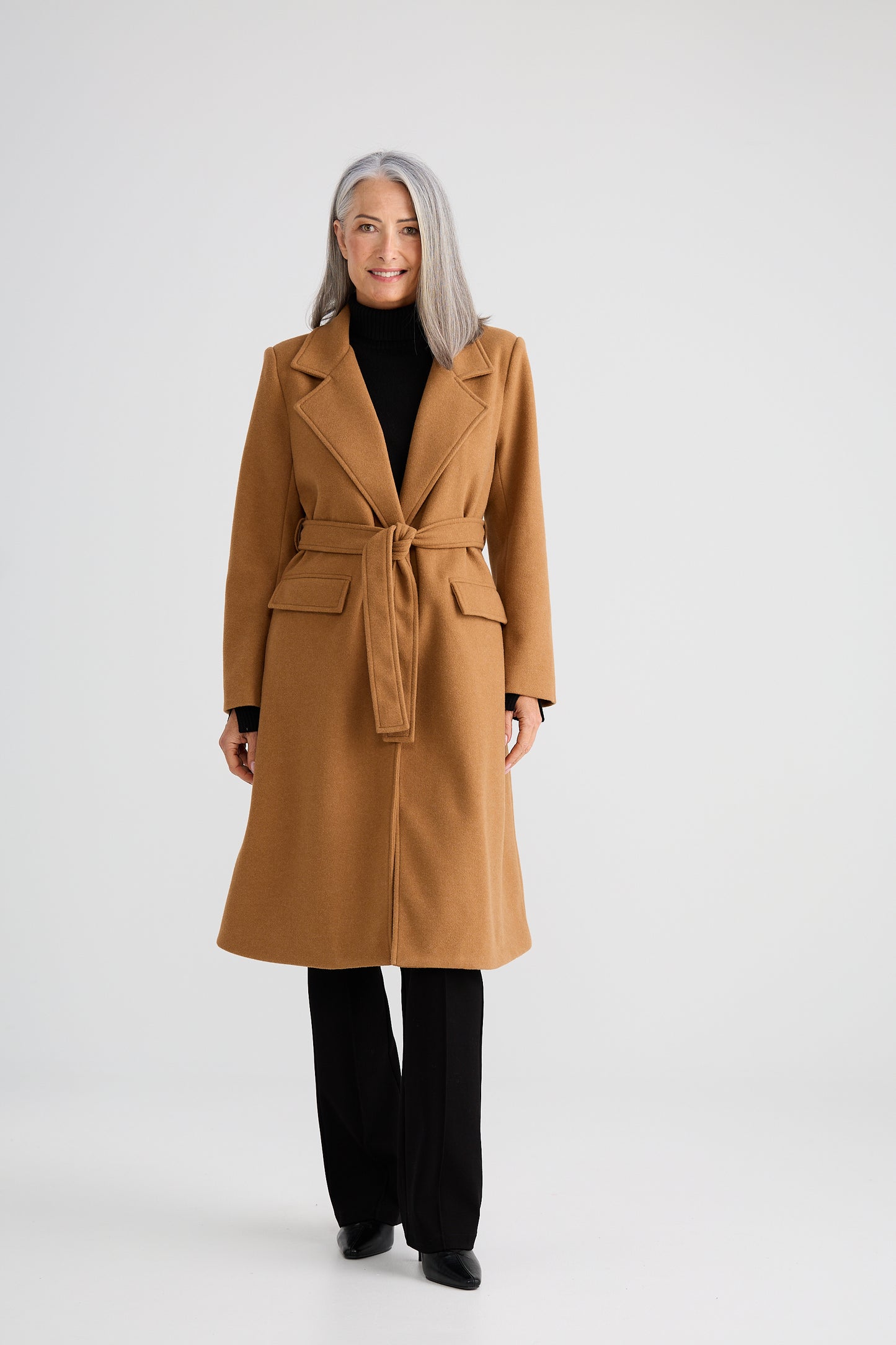 Brave + True Julianne Knee Length Coat in Tan | Women's Coats | Gretel Lane