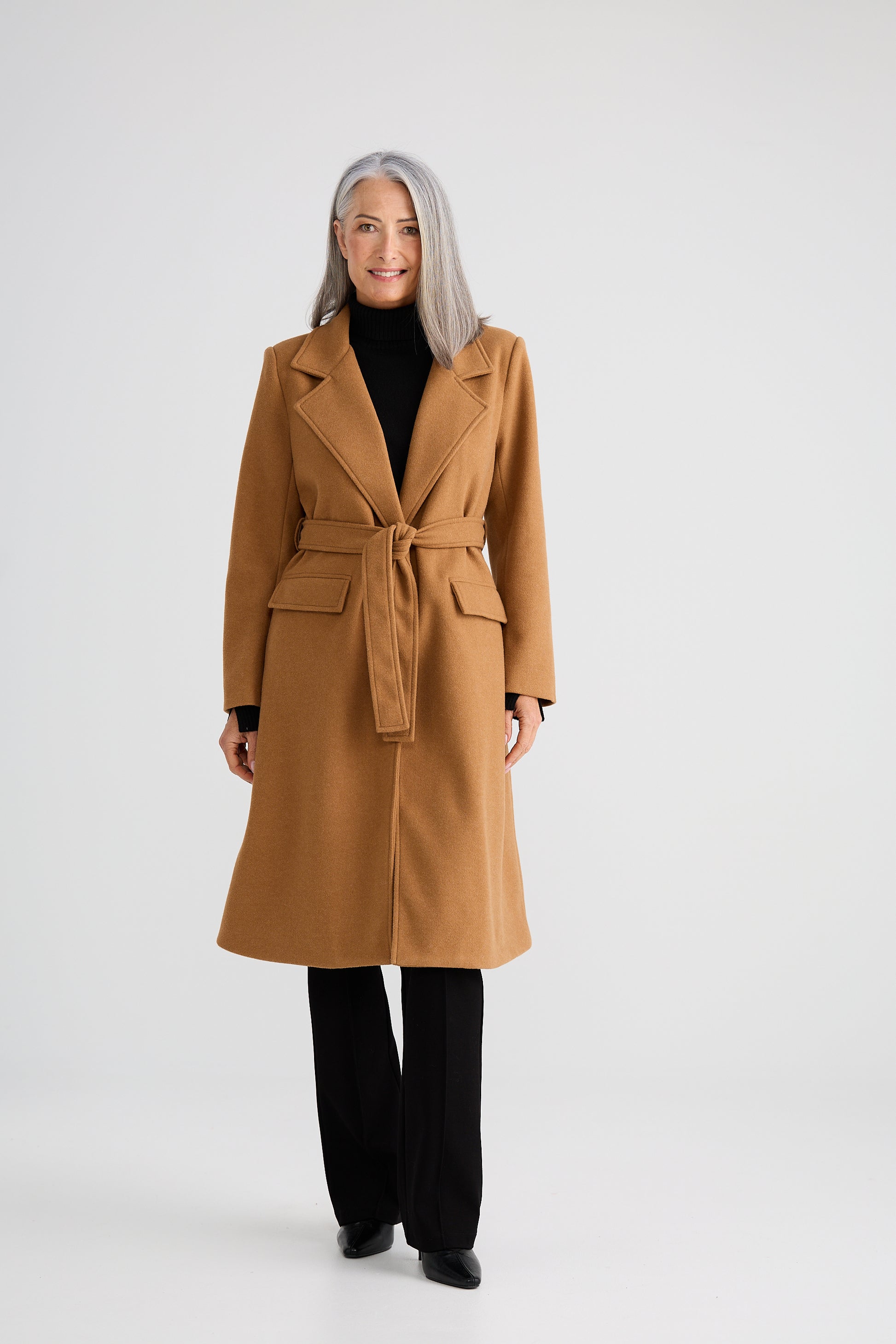 Brave + True Julianne Knee Length Coat in Tan | Women's Coats | Gretel Lane