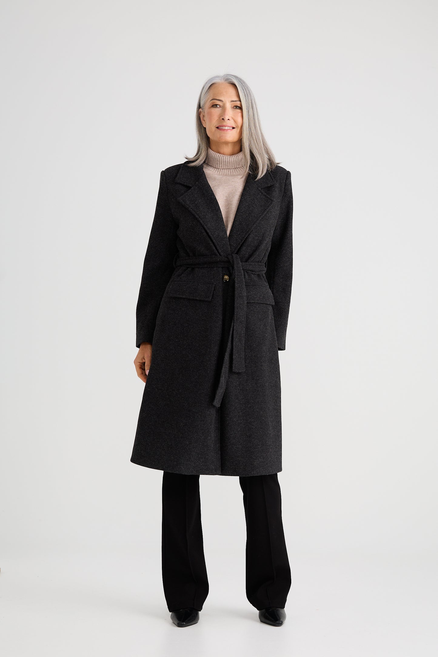 Brave + True Julianne Knee Length Coat in Charcoal | Women's Coats | Gretel Lane