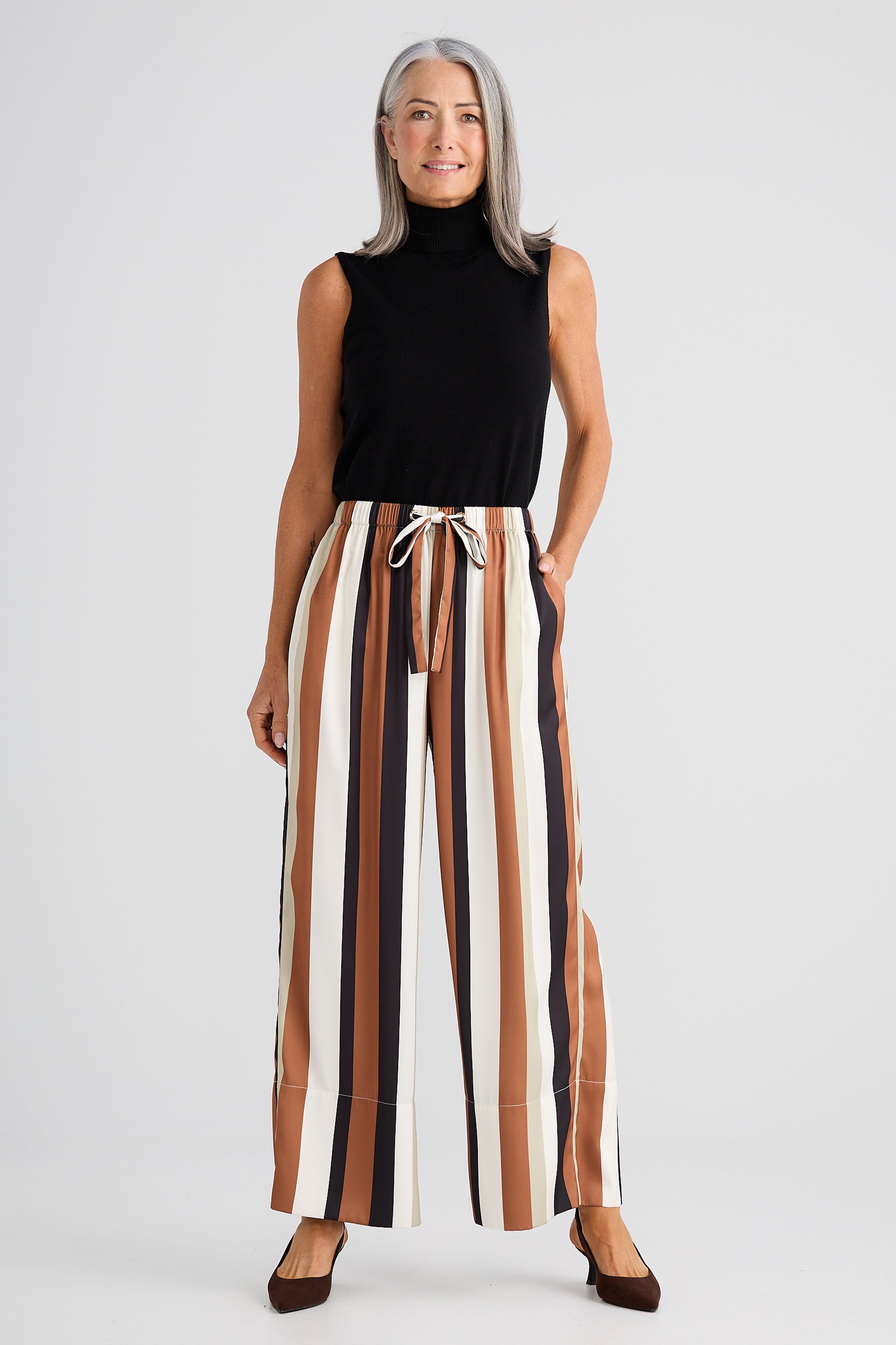 Brave + True Astrid Satin Pant in Tan and Black Stripe | Women's Clothing | Gretel Lane