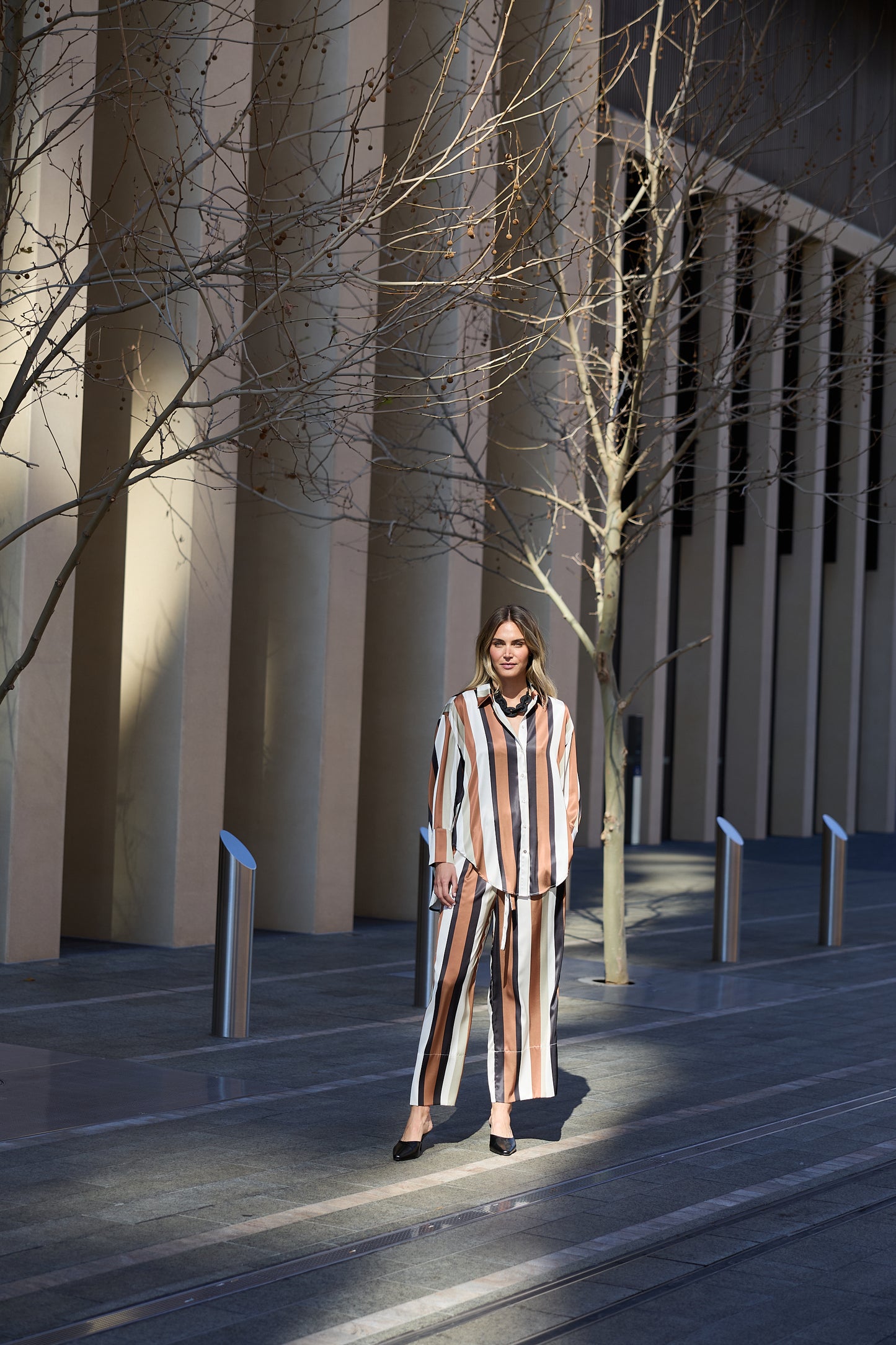 Brave + True Astrid Satin Pant in Tan and Black Stripe | Women's Clothing | Gretel Lane