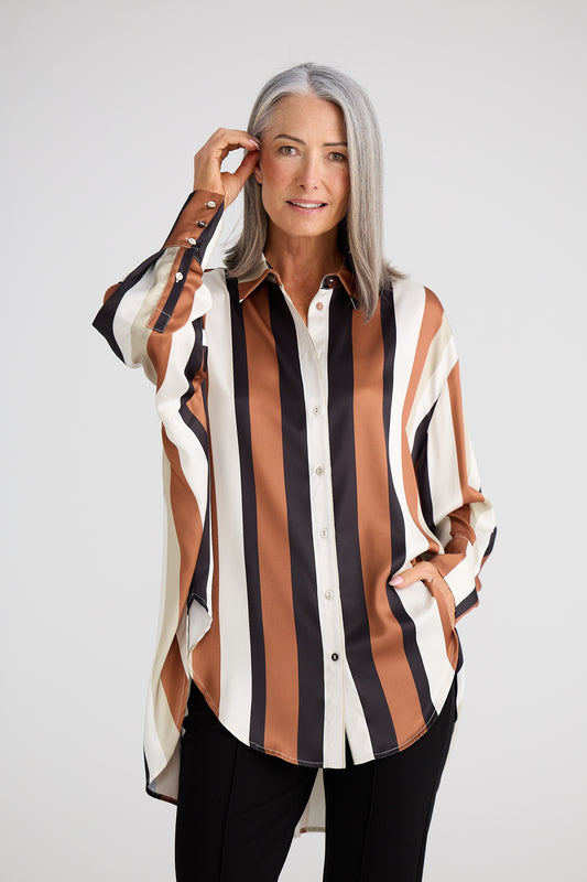 Brave + True Homestead Satin Shirt in Tan and Black Stripe | Women's Fashion | Gretel Lane