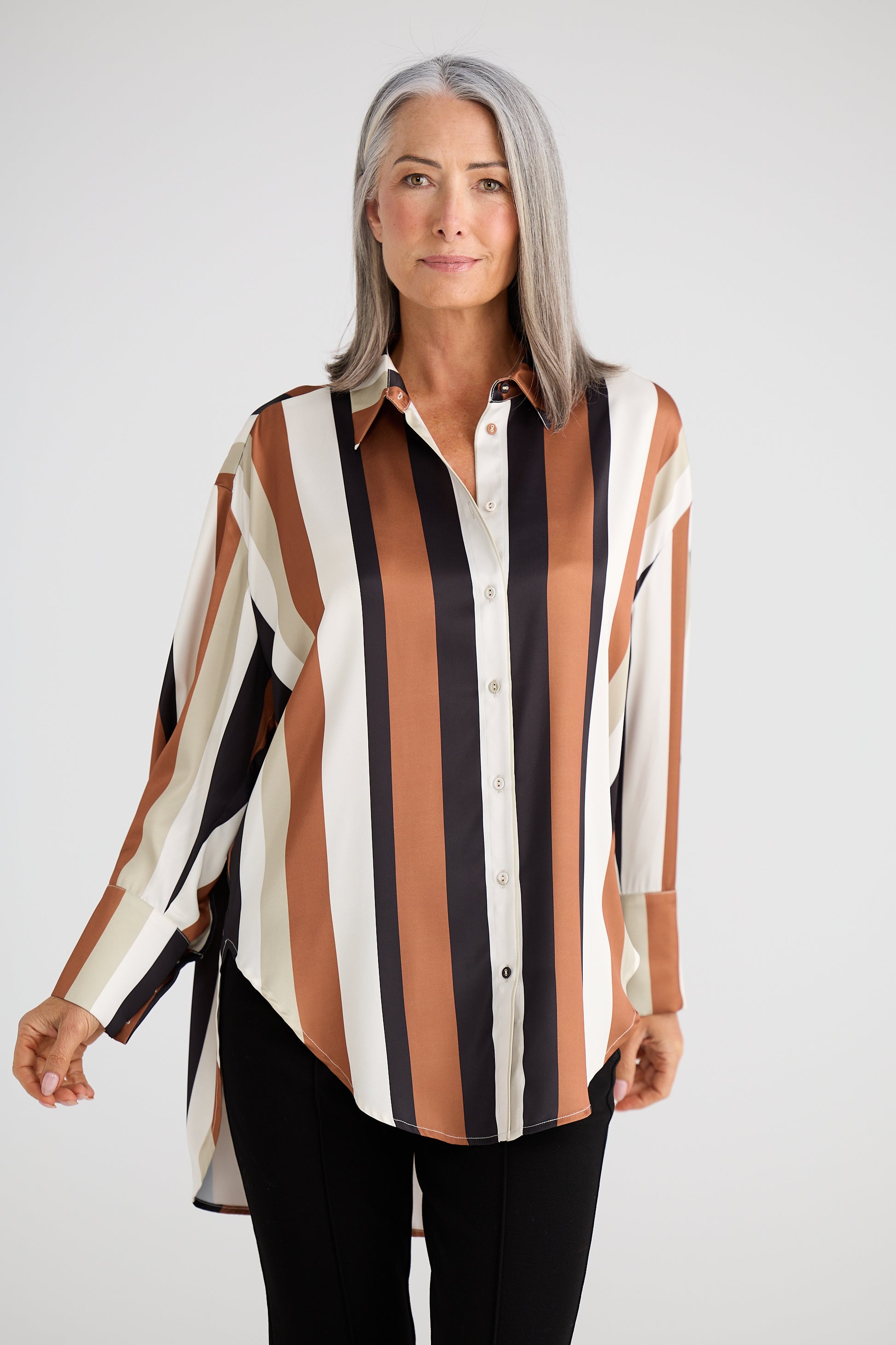 Brave + True Homestead Satin Shirt in Tan and Black Stripe | Women's Fashion | Gretel Lane