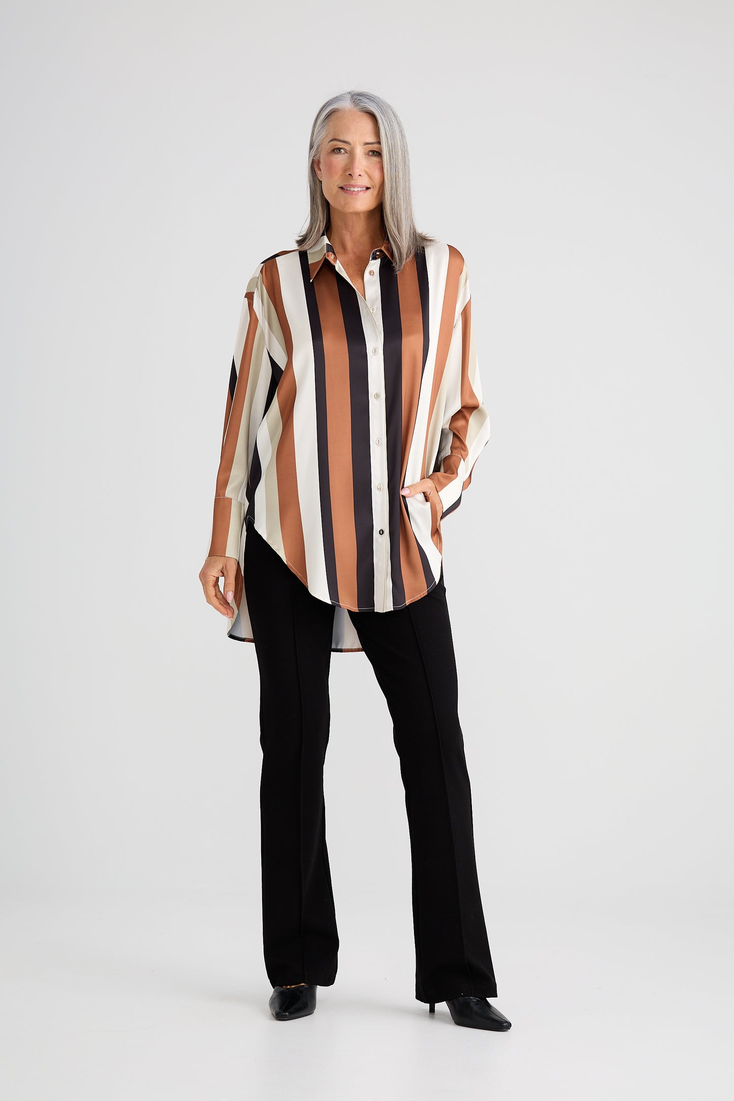 Brave + True Homestead Satin Shirt in Tan and Black Stripe | Women's Fashion | Gretel Lane