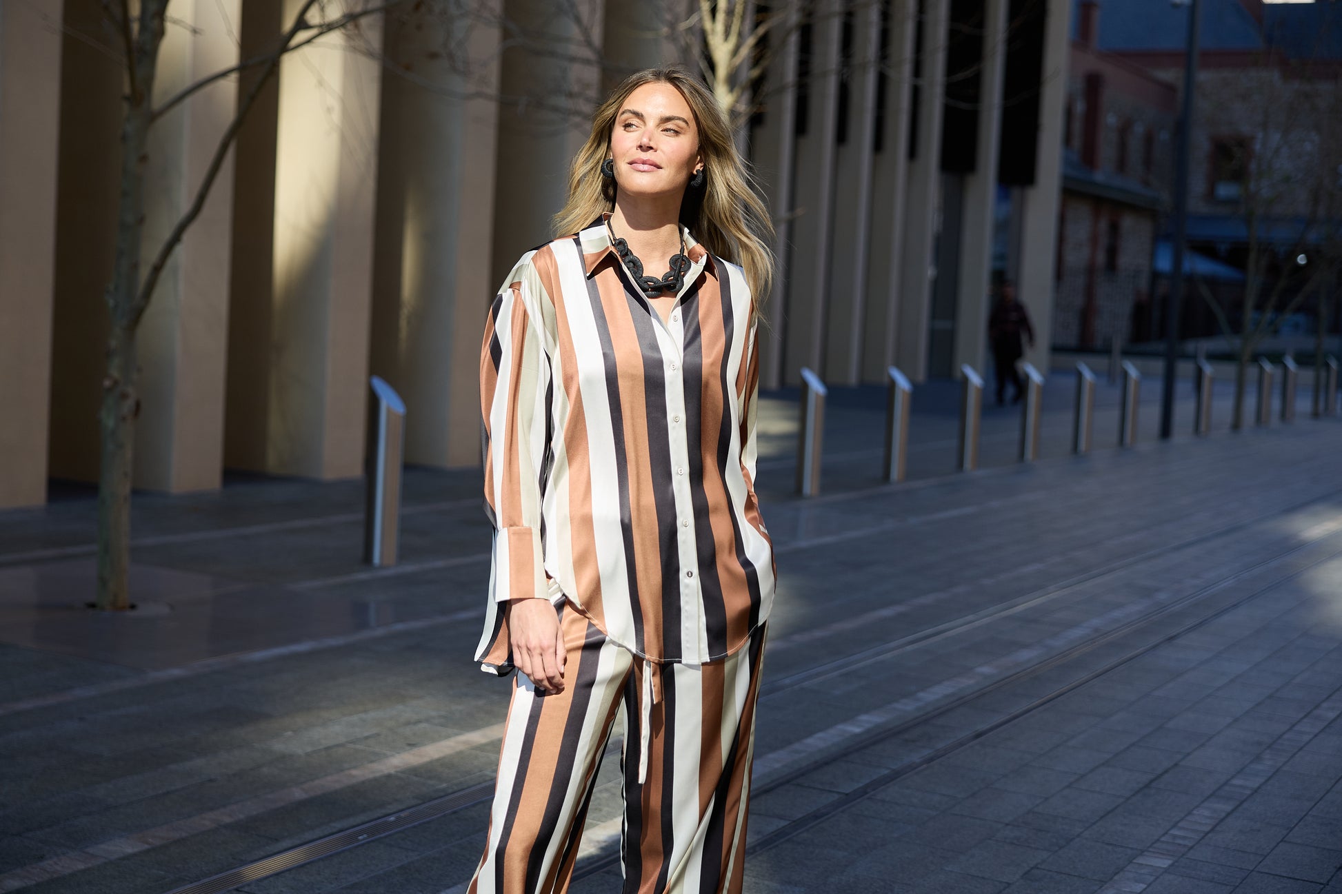 Brave + True Homestead Satin Shirt in Tan and Black Stripe | Women's Fashion | Gretel Lane