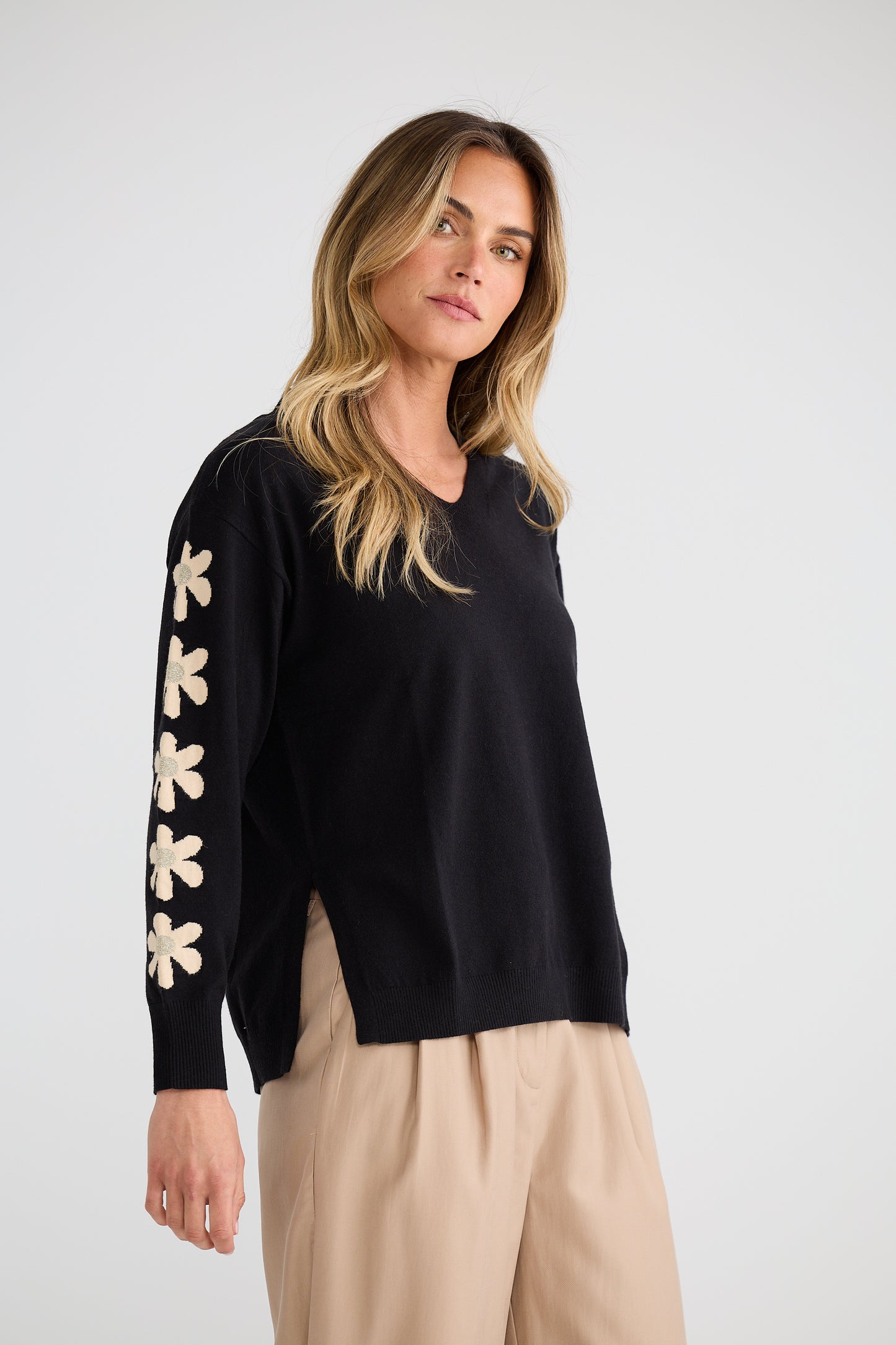 Brave + True Britney V-Neck Knit Jumper in Black Flower | Women's Knitwear | Gretel Lane