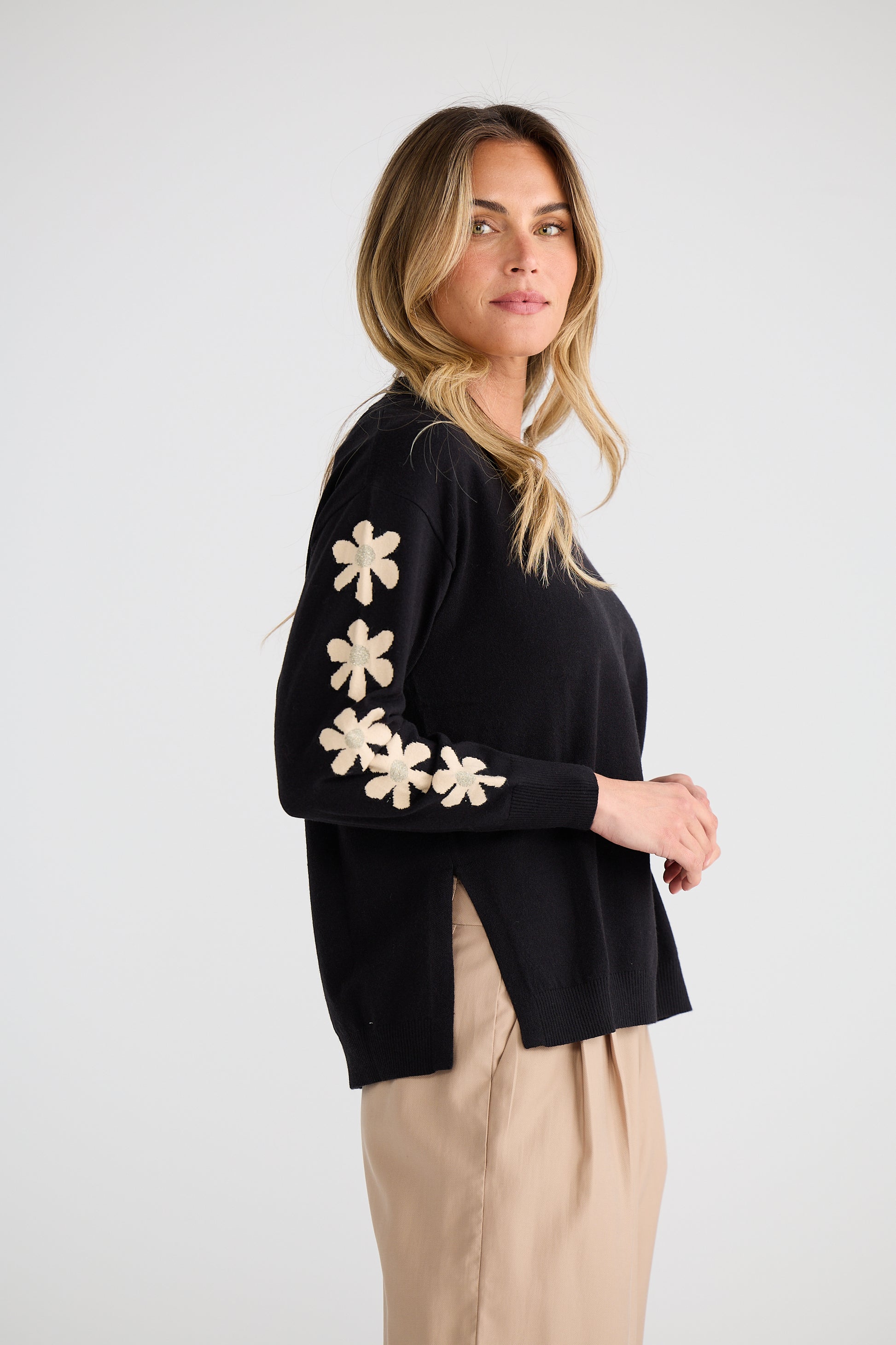 Brave + True Britney V-Neck Knit Jumper in Black Flower | Women's Knitwear | Gretel Lane