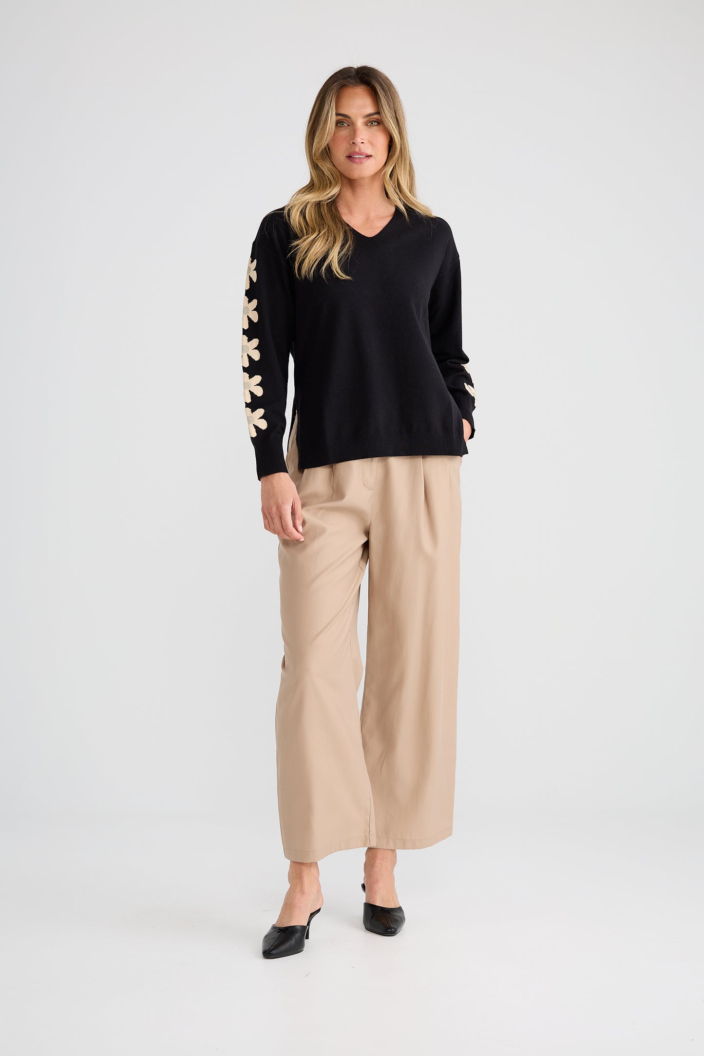 Brave + True Britney V-Neck Knit Jumper in Black Flower | Women's Knitwear | Gretel Lane