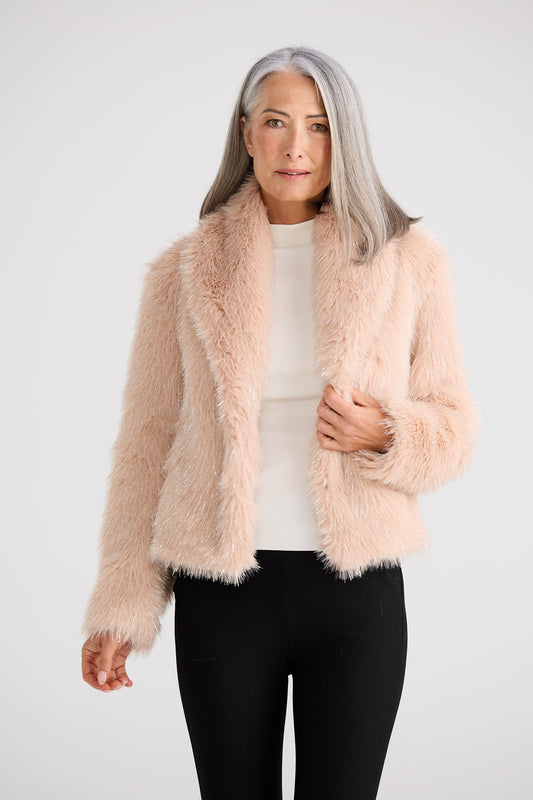Brave + True Glamour Faux Fur Jacket in Blush Sparkle | Women's Jackets | Gretel Lane