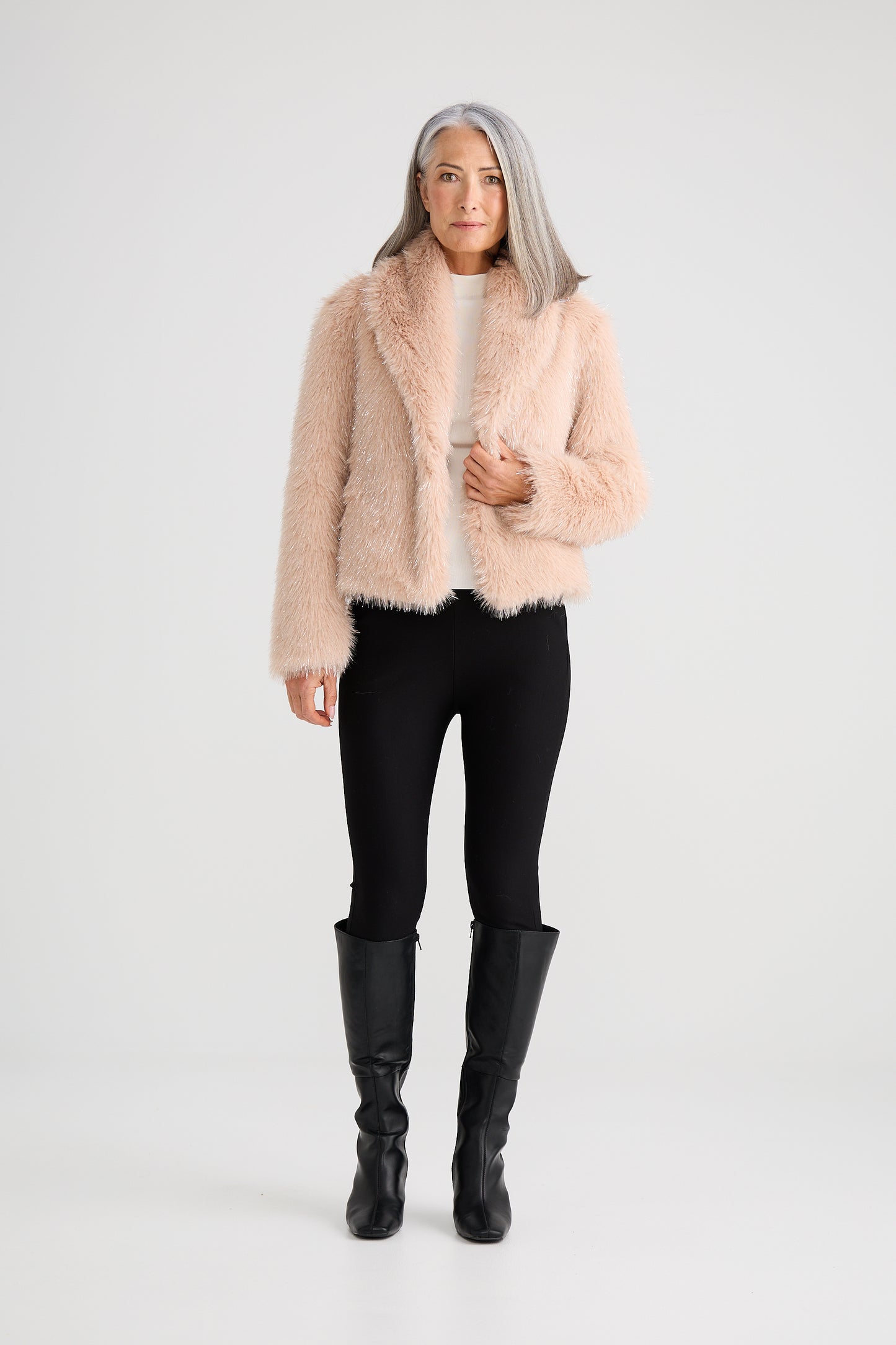 Brave + True Glamour Faux Fur Jacket in Blush Sparkle | Women's Jackets | Gretel Lane
