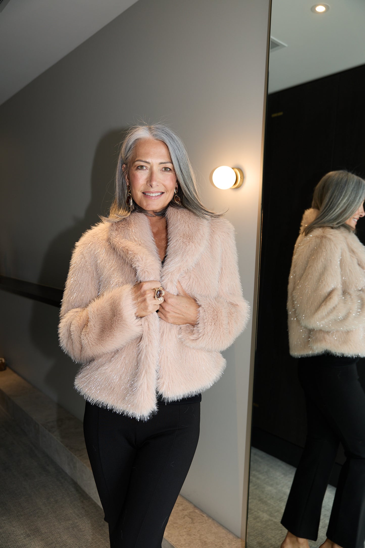 Brave + True Glamour Faux Fur Jacket in Blush Sparkle | Women's Jackets | Gretel Lane