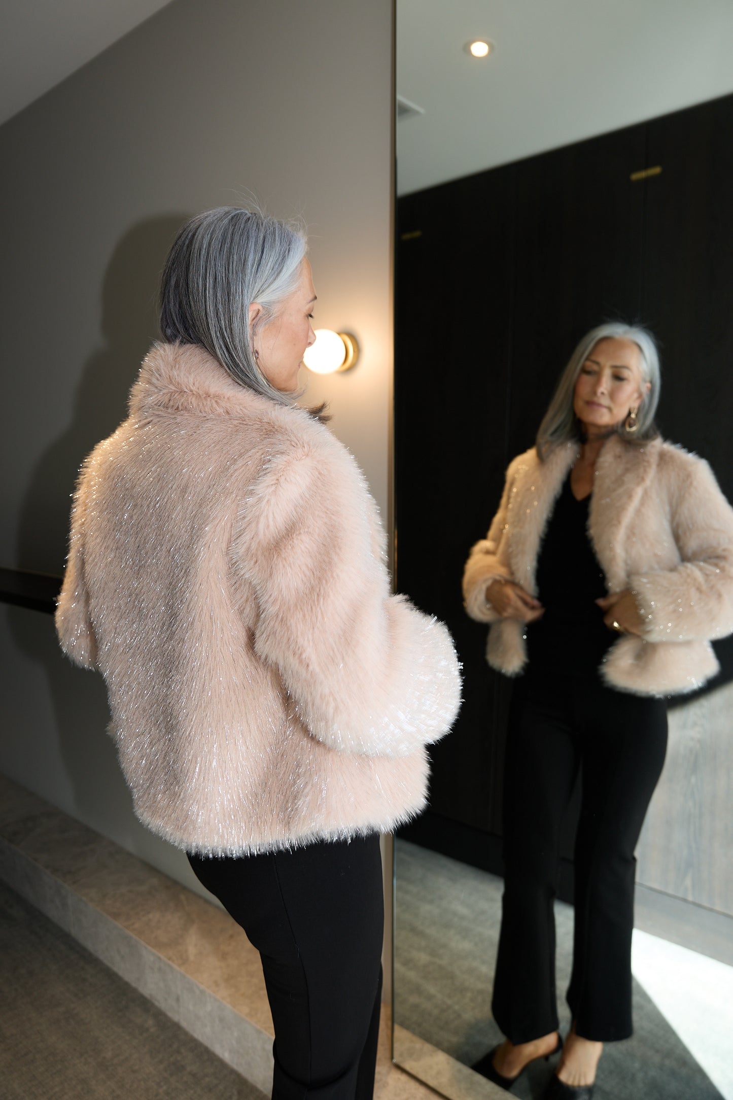 Brave + True Glamour Faux Fur Jacket in Blush Sparkle | Women's Jackets | Gretel Lane