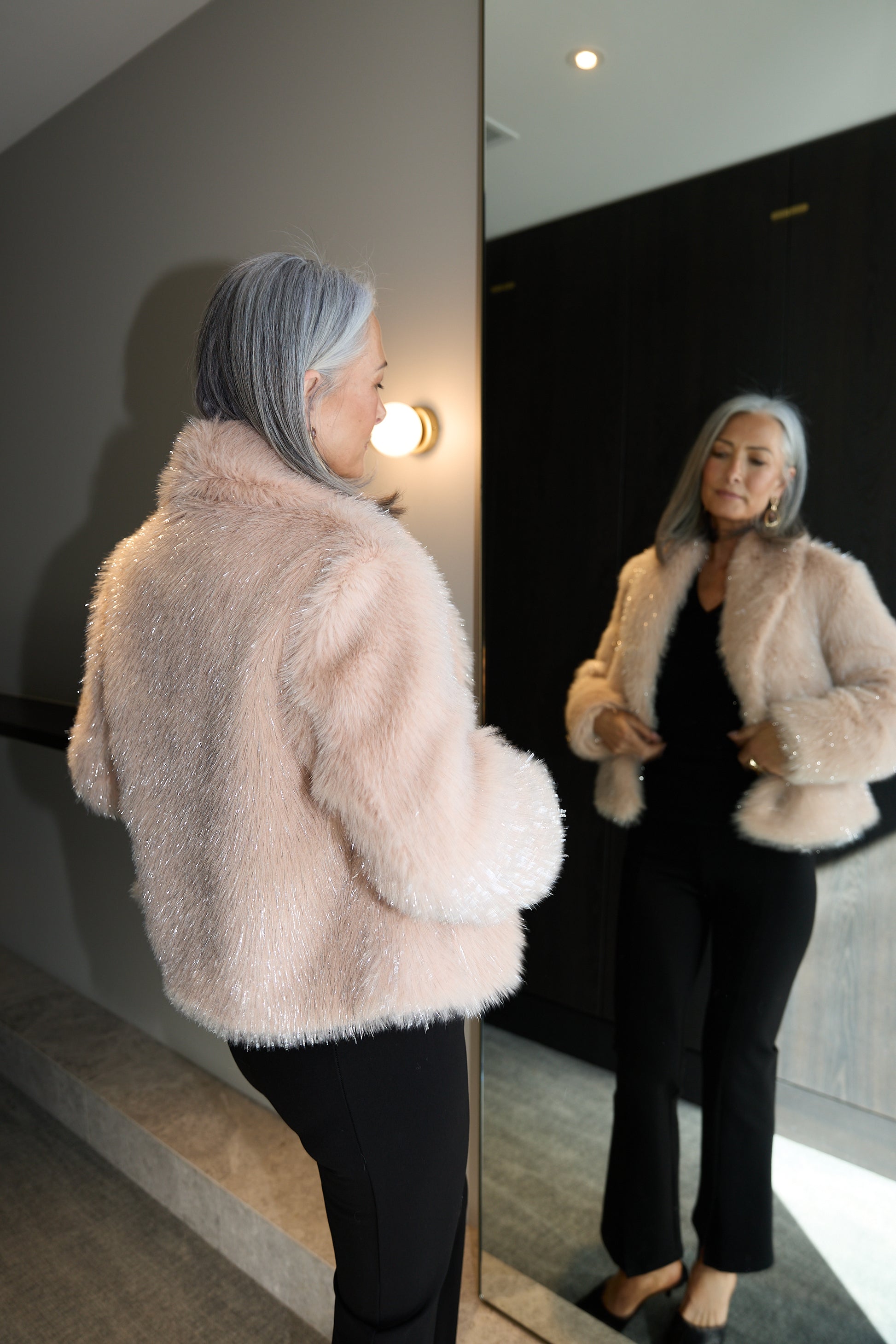 Brave + True Glamour Faux Fur Jacket in Blush Sparkle | Women's Jackets | Gretel Lane