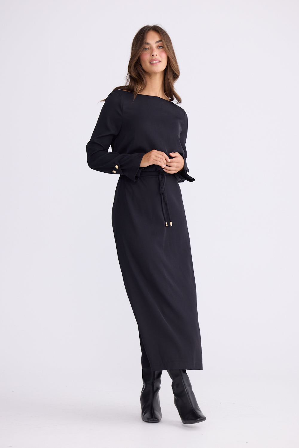 Brave + True Kensington Midi Long Sleeve Dress in Black | Women's Dresses | Gretel Lane