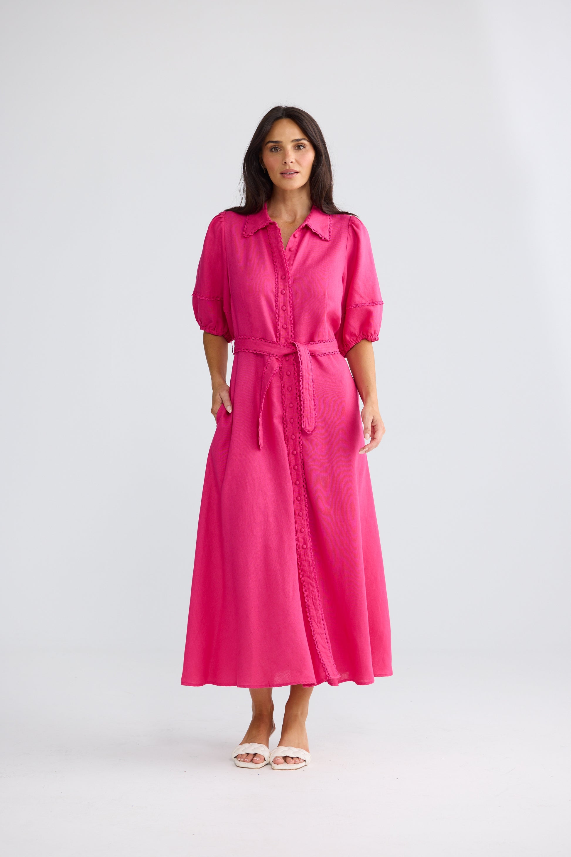 Brave + True Brynn Linen Blend Midi Dress Fuchsia | Women's Dresses | Gretel Lane