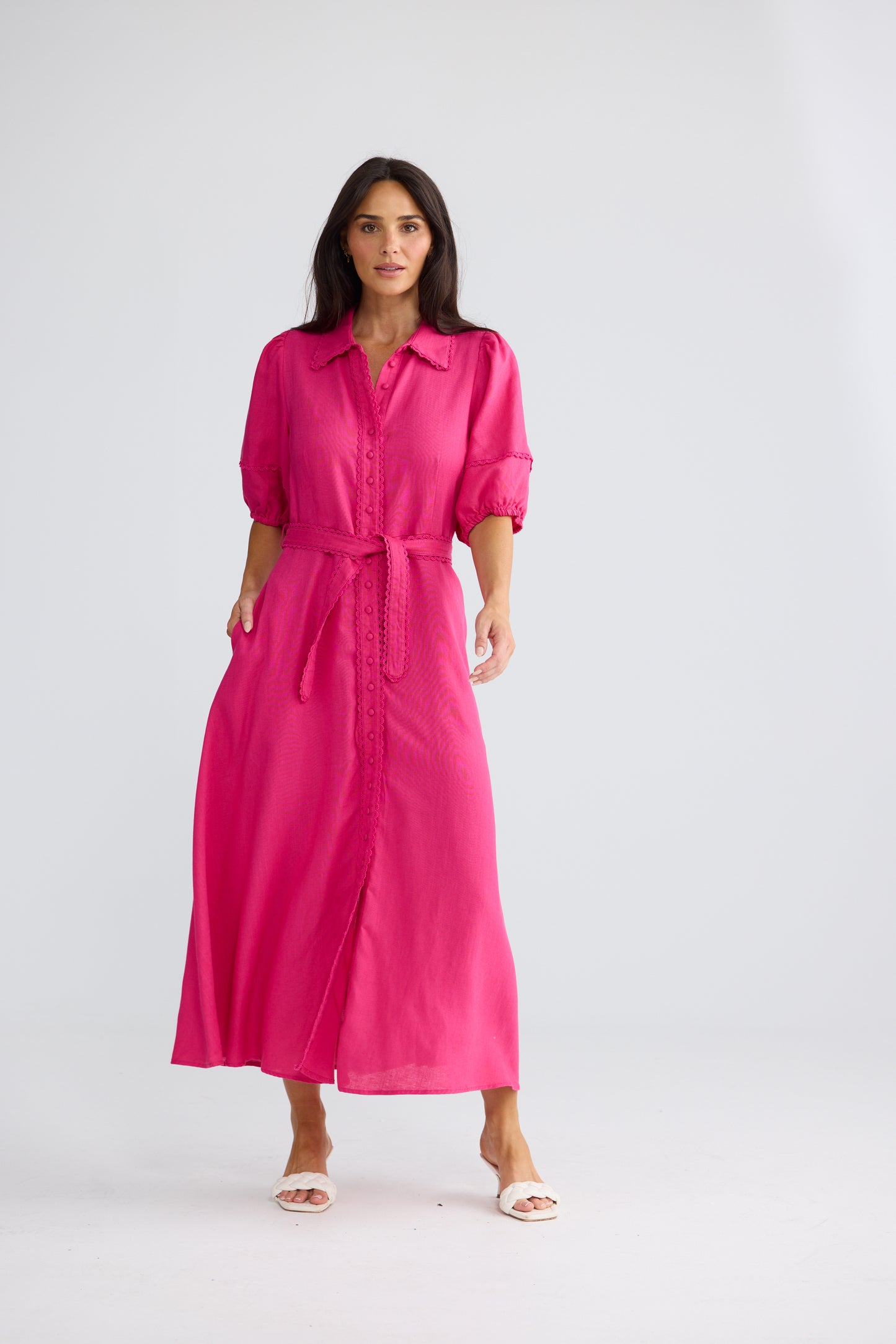 Brave + True Brynn Linen Blend Midi Dress Fuchsia | Women's Dresses | Gretel Lane