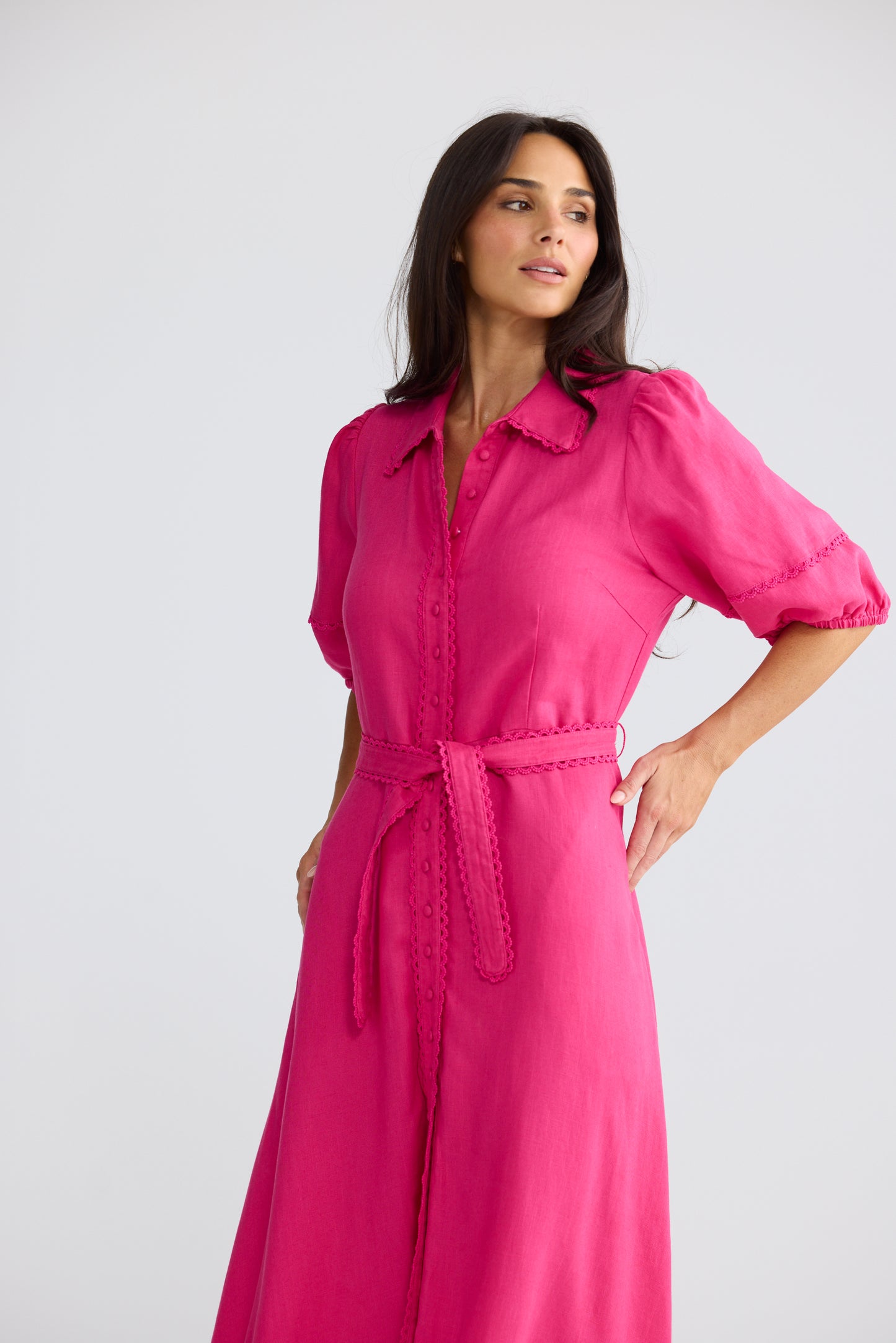 Brave + True Brynn Linen Blend Midi Dress Fuchsia | Women's Dresses | Gretel Lane
