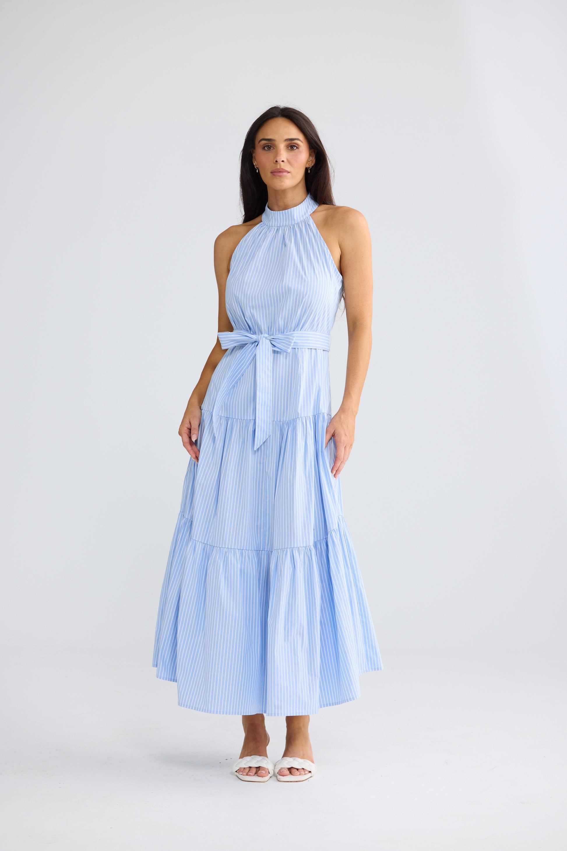 Brave + True Greta Tiered Cotton Maxi Dress Glacier Stripe | Women's Dresses | Gretel Lane