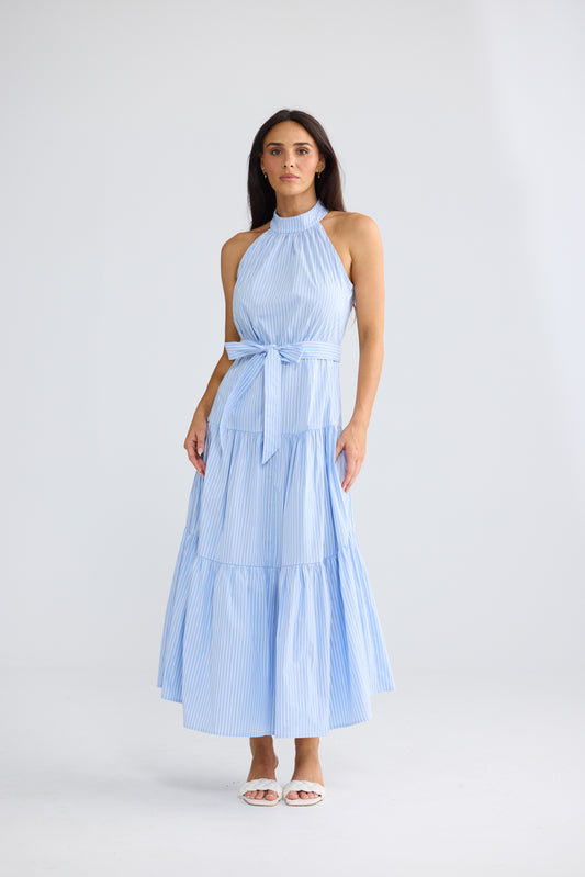 Brave + True Greta Tiered Cotton Maxi Dress Glacier Stripe | Women's Dresses | Gretel Lane