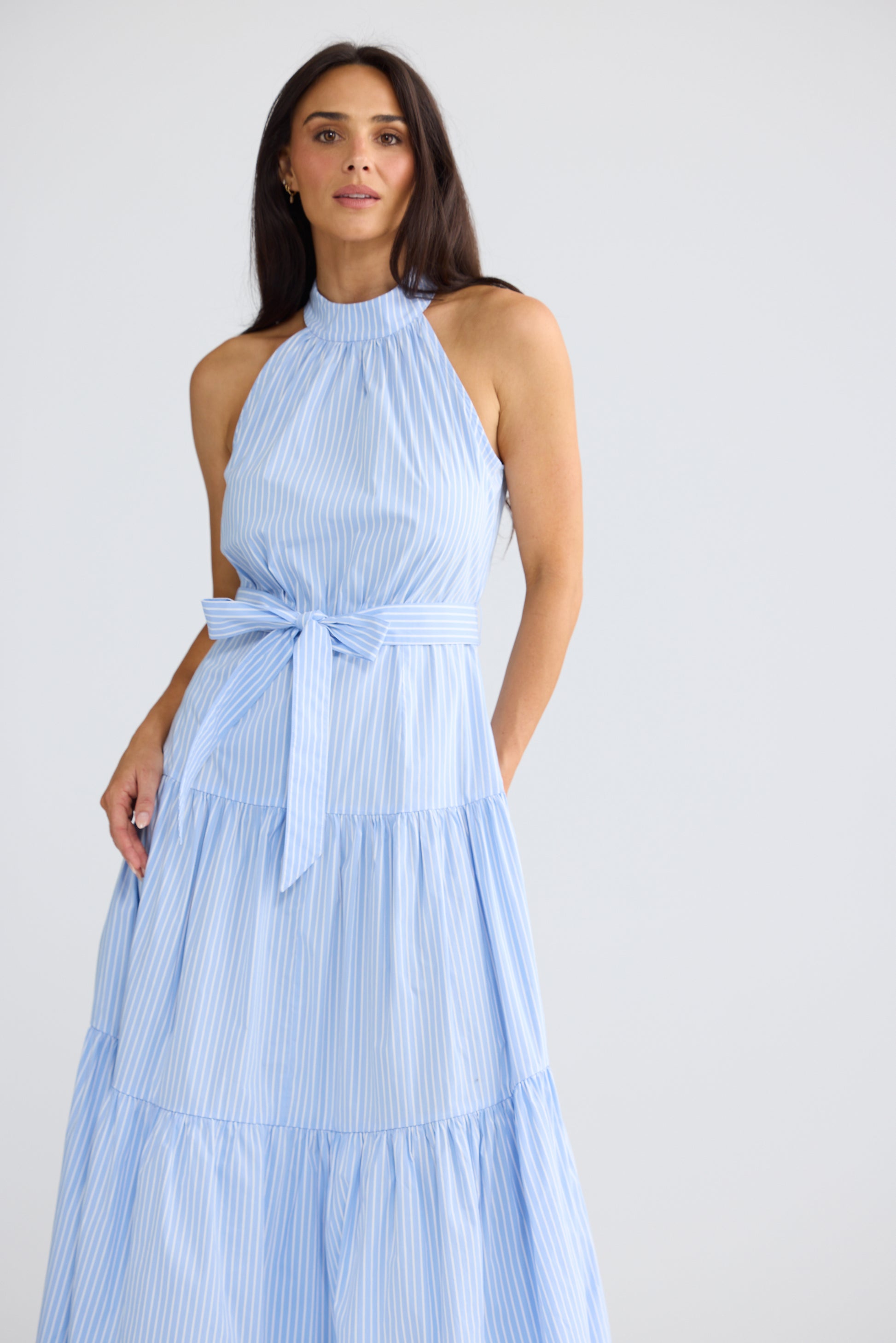 Brave + True Greta Tiered Cotton Maxi Dress Glacier Stripe | Women's Dresses | Gretel Lane