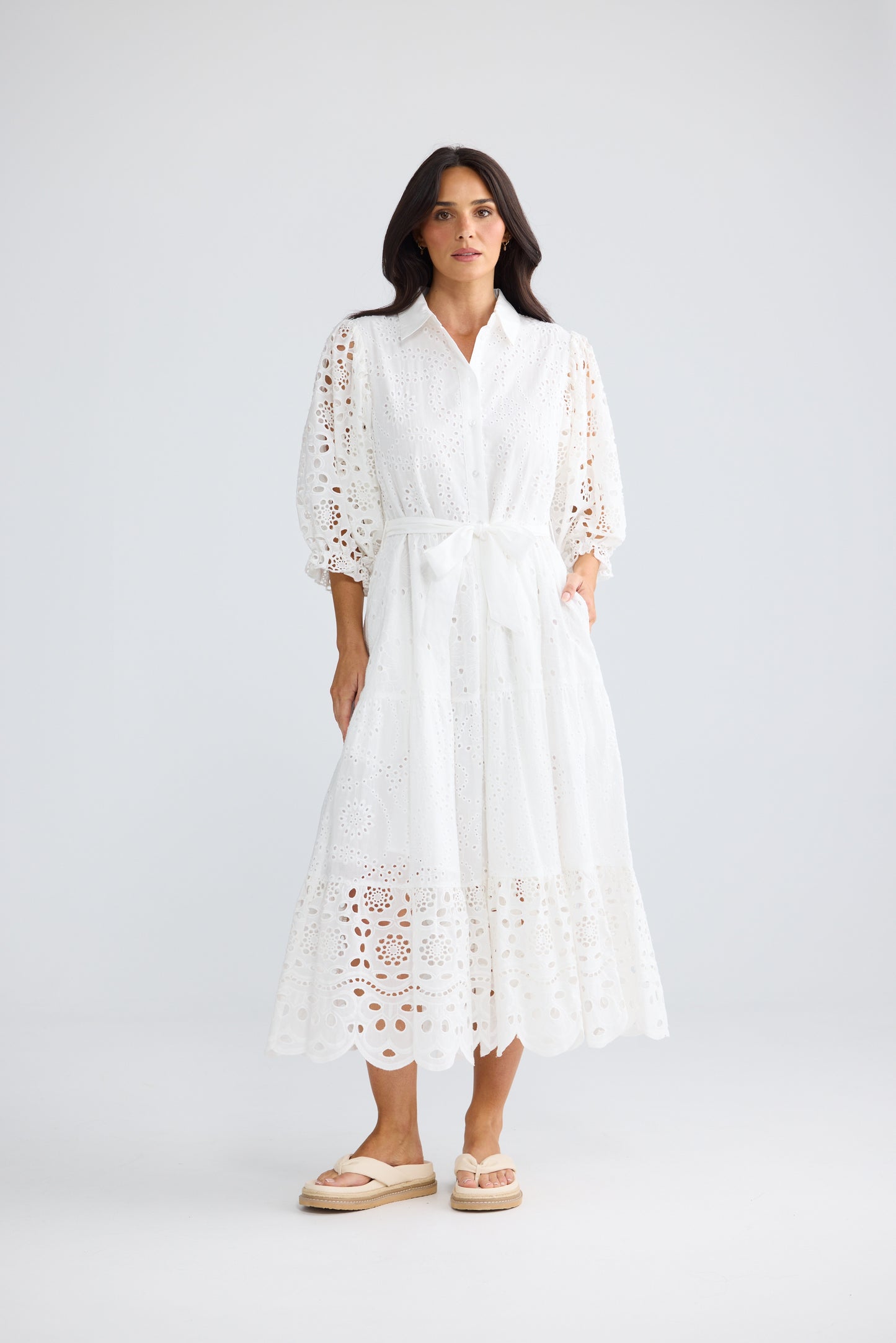 Donnie Cotton Broderie Midi Dress White
