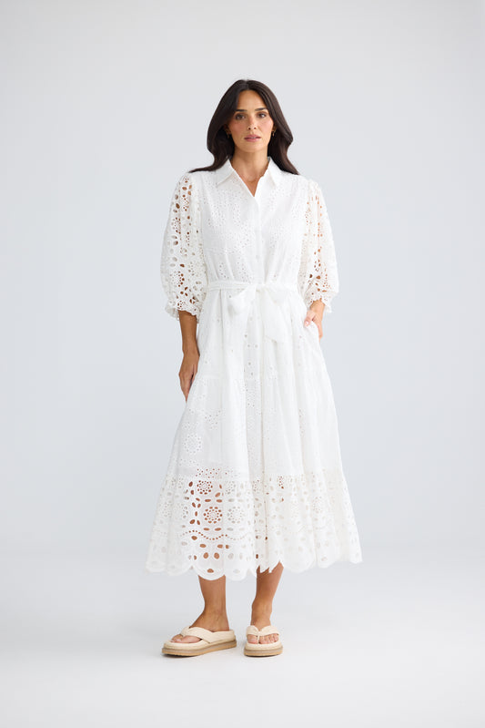 Donnie Cotton Broderie Midi Dress White