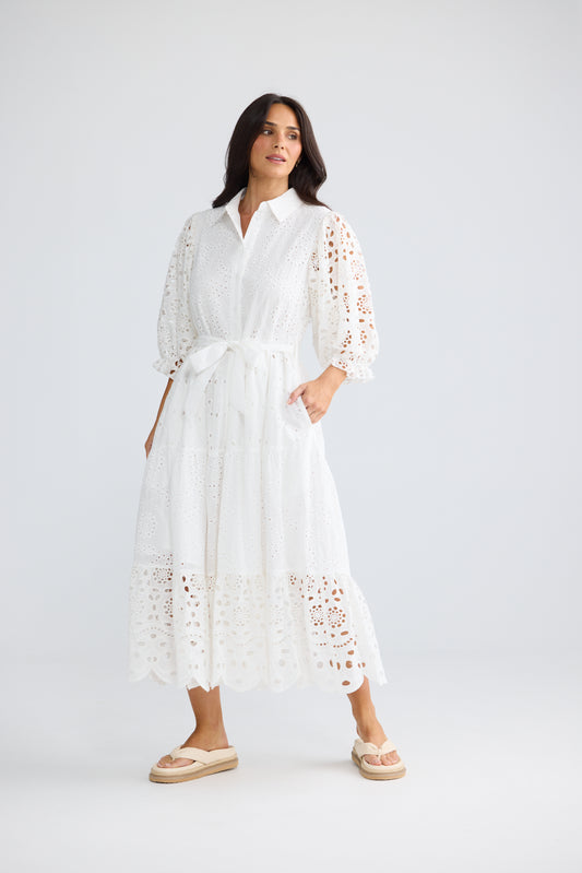 Donnie Cotton Broderie Midi Dress White