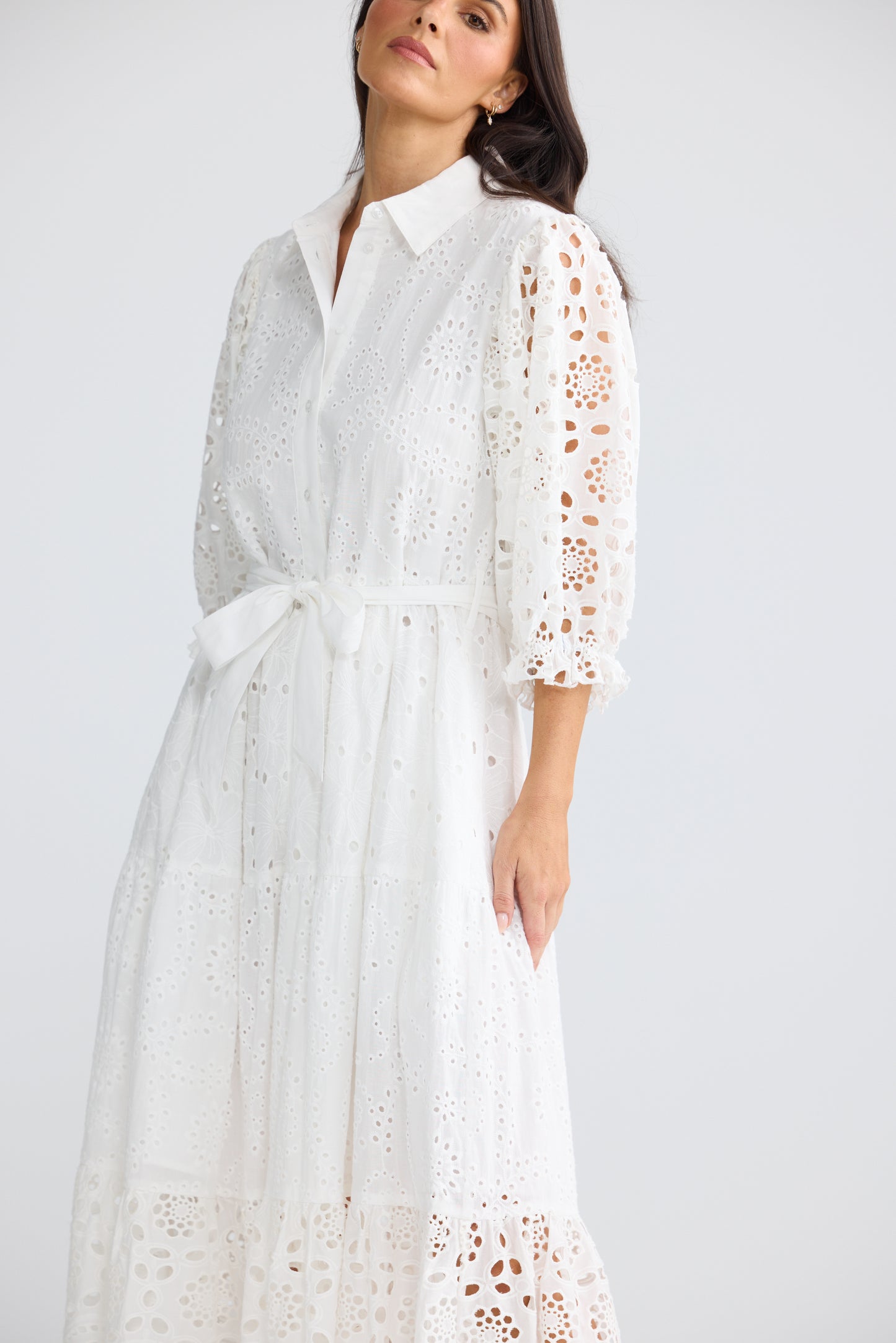 Donnie Cotton Broderie Midi Dress White