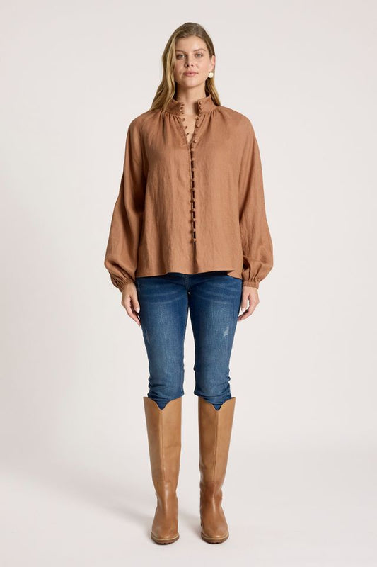 Eb & Ive Tan Linen Button-through Bajau Shirt | Gretel Lane