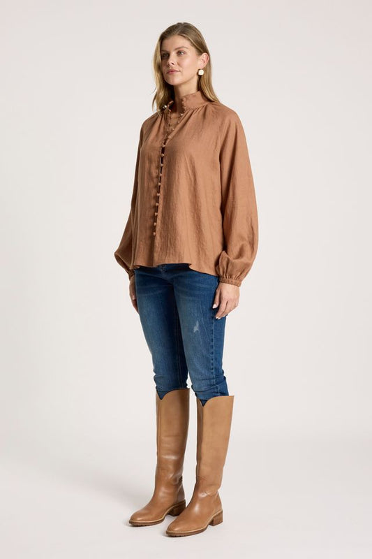 Eb & Ive Tan Linen Button-through Bajau Shirt | Gretel Lane