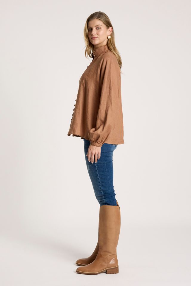Eb & Ive Tan Linen Button-through Bajau Shirt | Gretel Lane