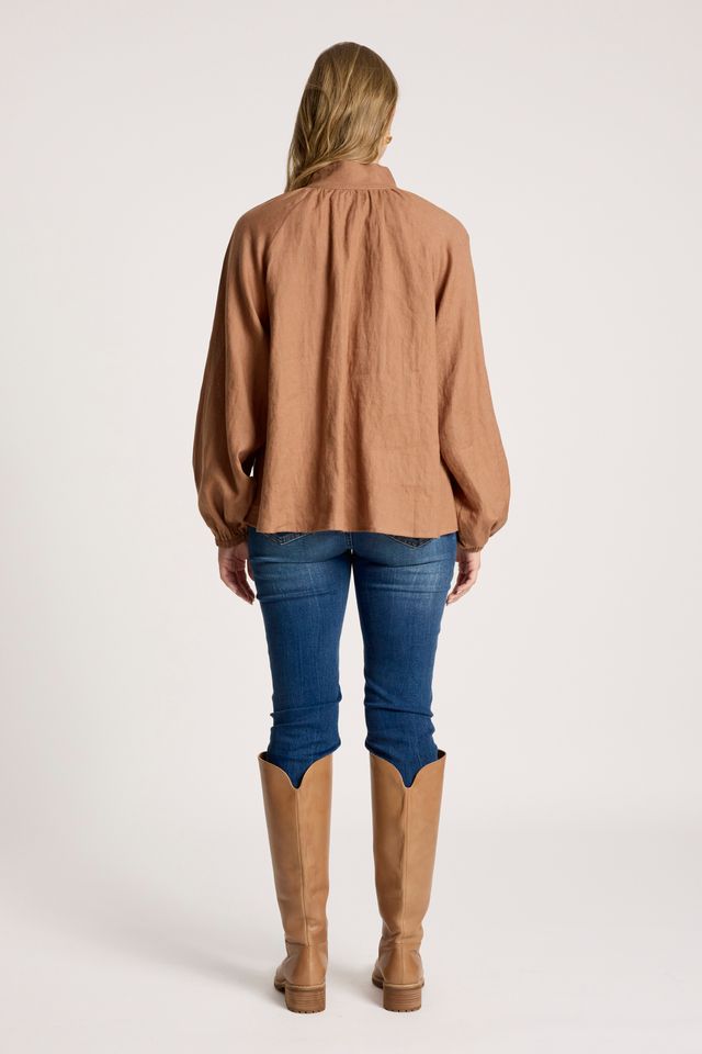 Eb & Ive Tan Linen Button-through Bajau Shirt | Gretel Lane