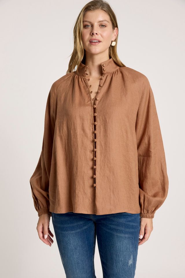 Eb & Ive Tan Linen Button-through Bajau Shirt | Gretel Lane