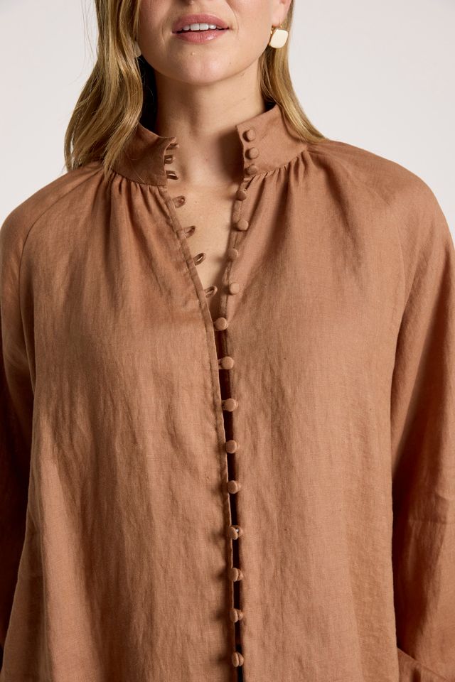 Eb & Ive Tan Linen Button-through Bajau Shirt | Gretel Lane