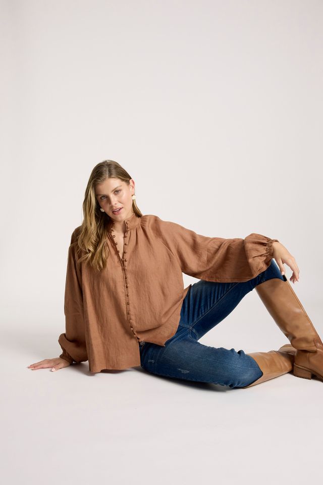 Eb & Ive Tan Linen Button-through Bajau Shirt | Gretel Lane