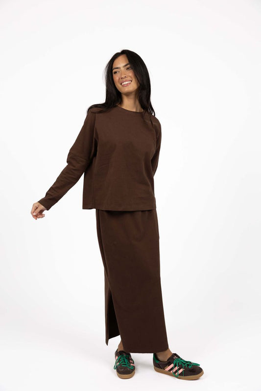 Humidity Women's Chocolate Cotton Banter Midi Skirt | Gretel Lane | Women's Midi Skirts