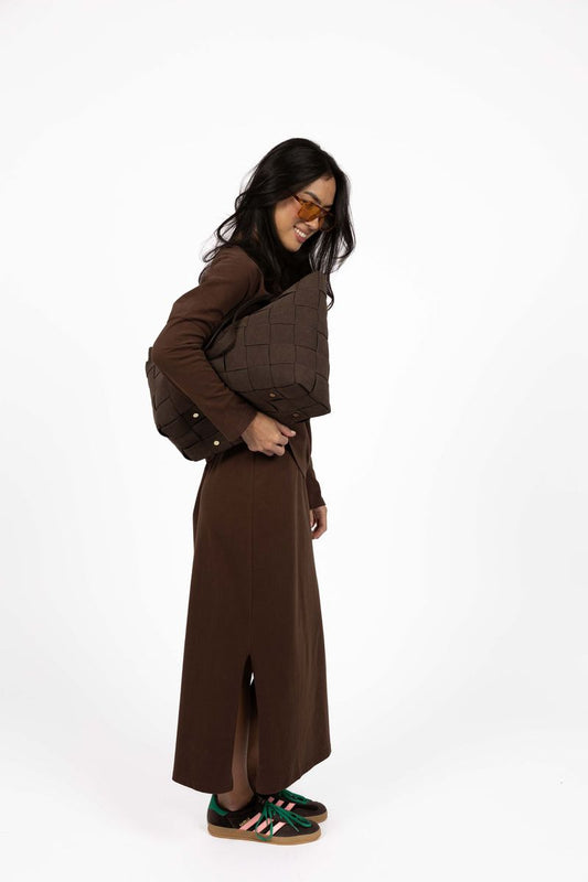 Humidity Women's Chocolate Cotton Banter Midi Skirt | Gretel Lane | Women's Midi Skirts
