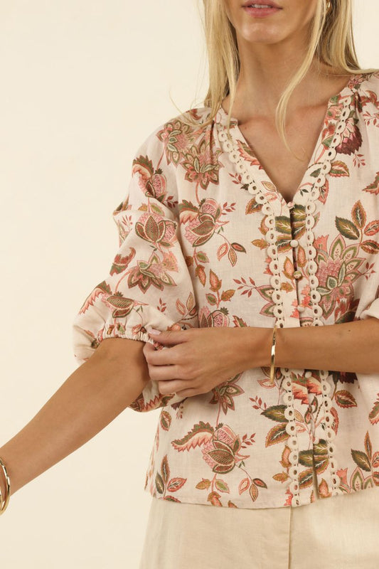 Humidity Lifestyle Bohemian Rose 3/4 Sleeve Linen Blouse | Women's Clothing | Gretel Lane